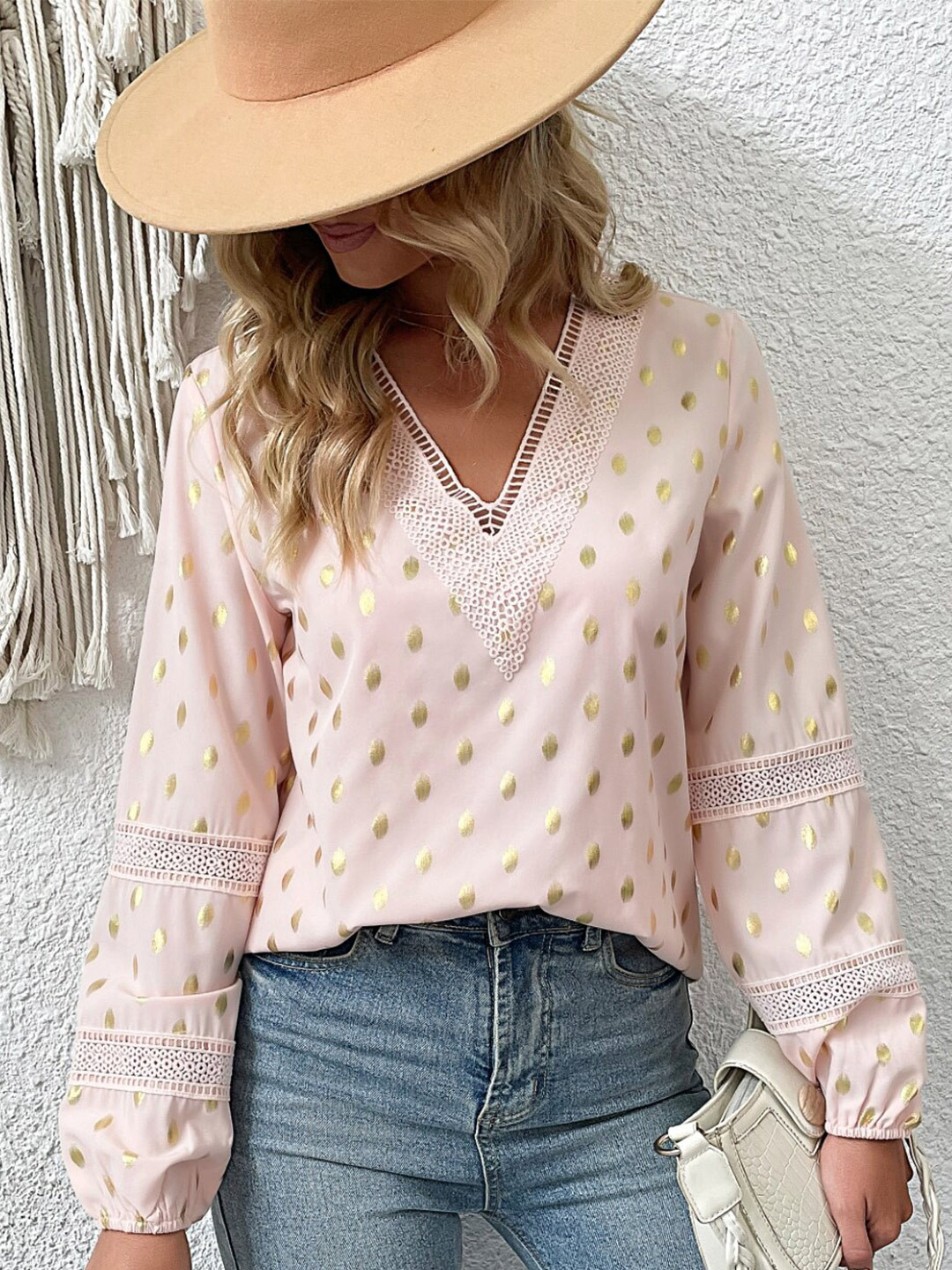 StyleCast Pink Gold Polka Dots V-Neck Lace Top