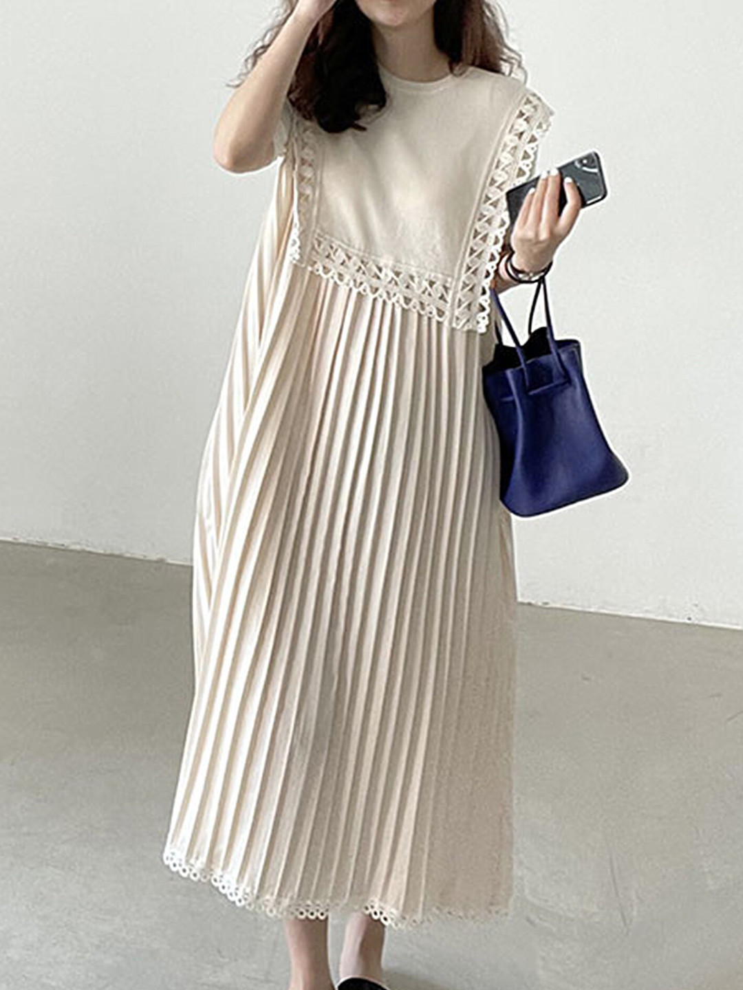 LULU & SKY Pleated Lace Inserts A-Line Midi Dress