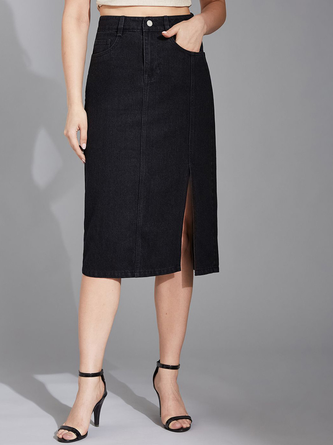 Life With Pockets High-Rise Straight-Fit Stretchable Denim Midi Skirt