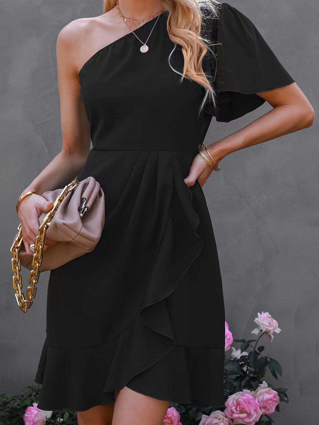 StyleCast Black One Shoulder Fit and Flare Mini Dress