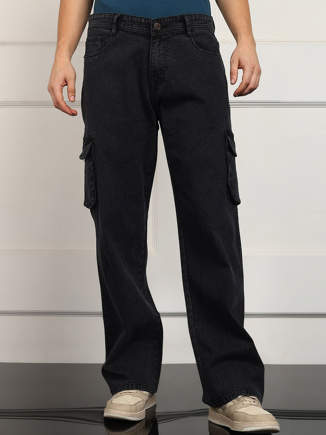 ANGERHOOD Men Baggy Fit Easy Wash Denim Cargos Trousers