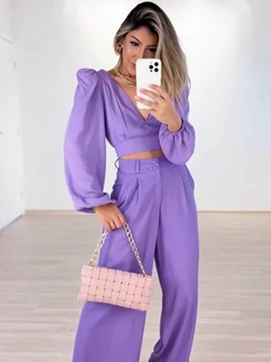 LULU & SKY V-Neck Puff Sleeves Blouse With Trousers