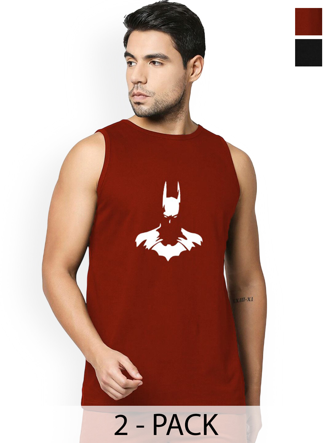 Organic Chics Pack Of 2 Printed Cotton Tanks BlackAvenger-MaroonBatman_S