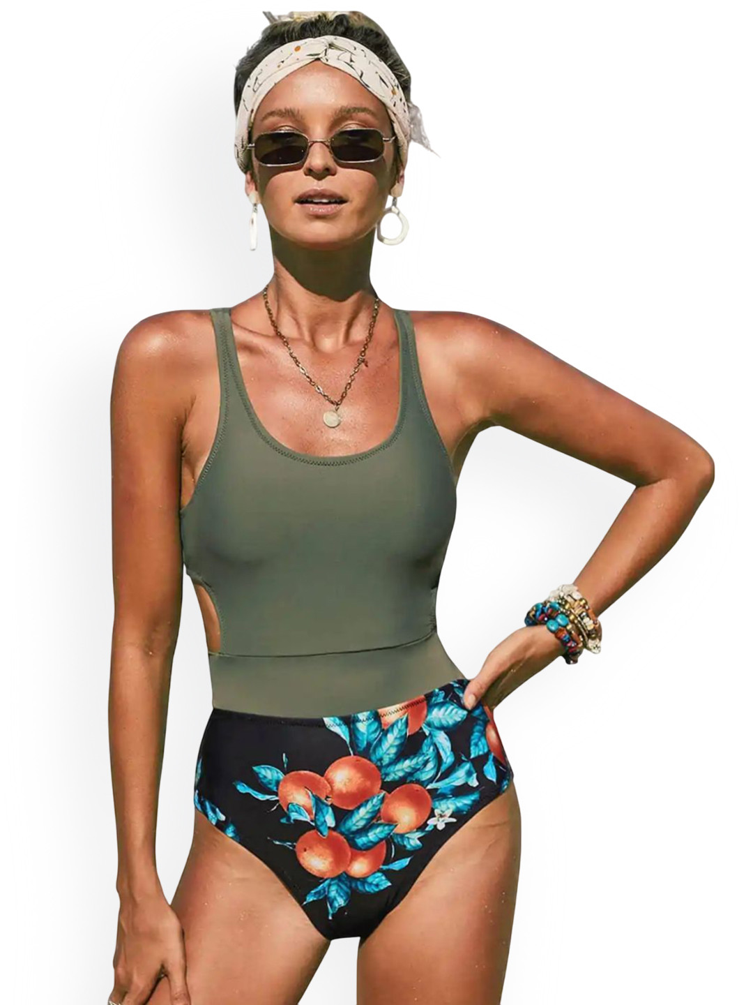 ANGEL CROSHET Floral Printed One Piece Swimsuit Zipped Tie Back Swimwear Monokini