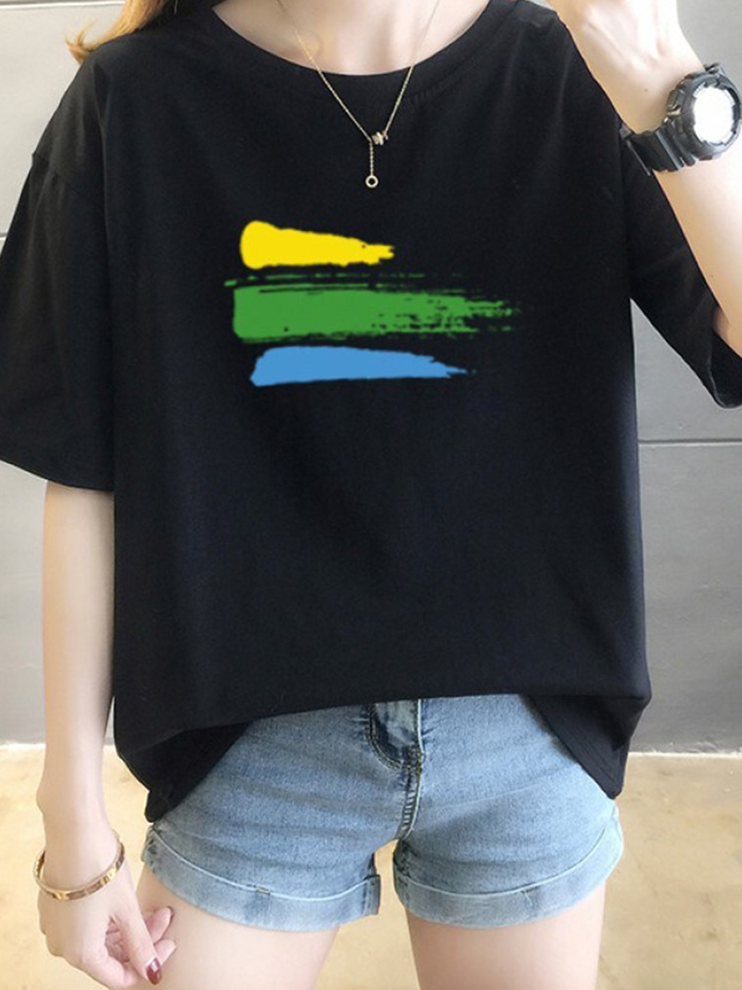 StyleCast Black Drop Shoulder Sleeves Cotton T-shirt