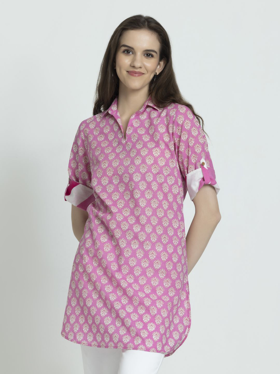 SHAYE Women Shirt Collar Pink Floral Print Three-Quarter Sleeves Casual Kurtis