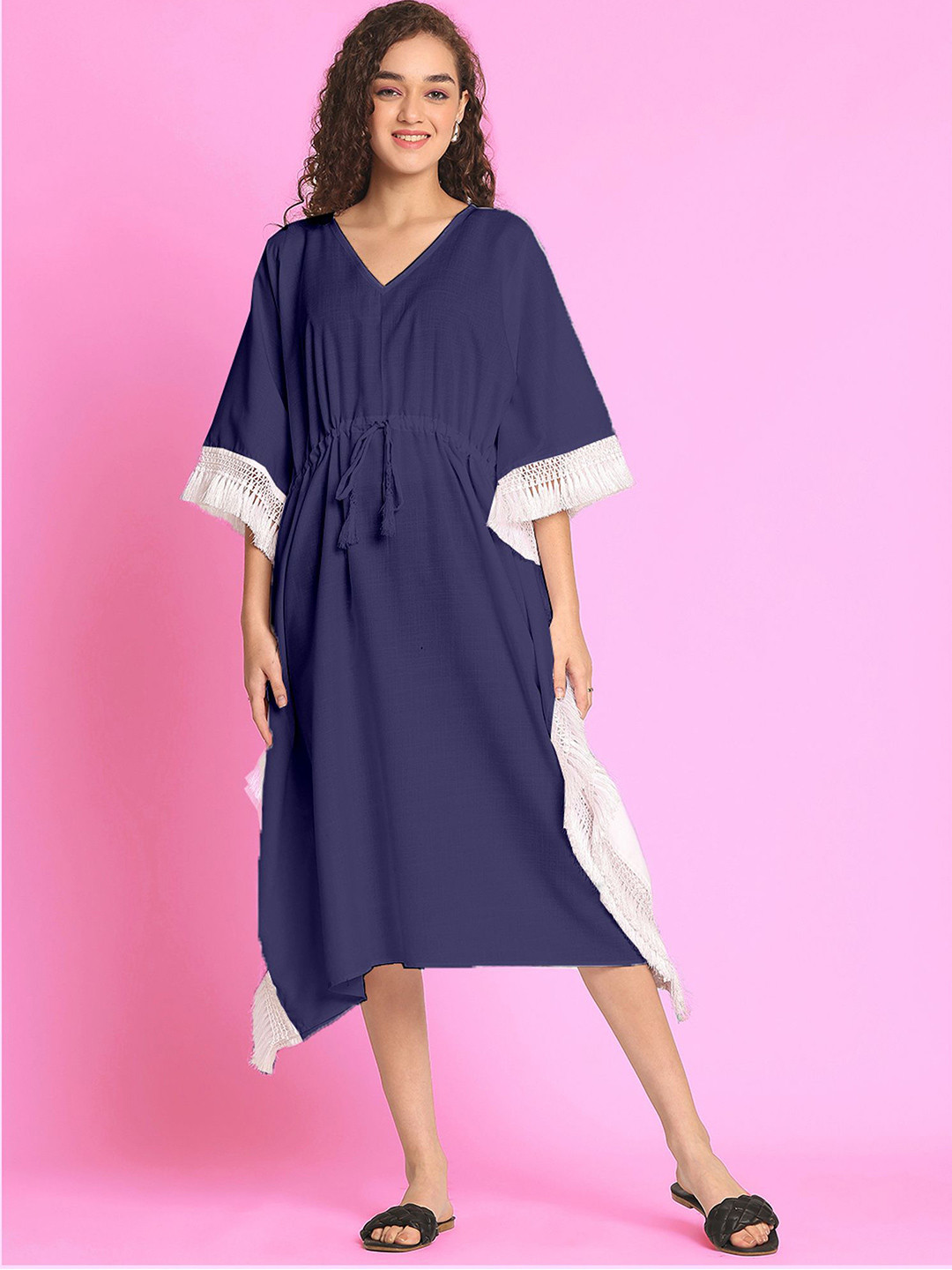 Aoba Women Navy Blue Solid Kimono Sleeve Linen Kaftan Midi Dress