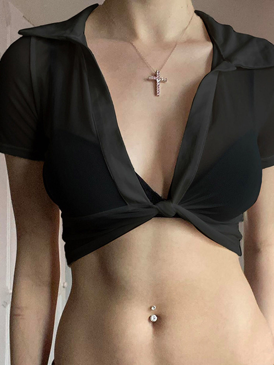 LULU & SKY Plunging Collar Twisted Shirt Style Crop Top