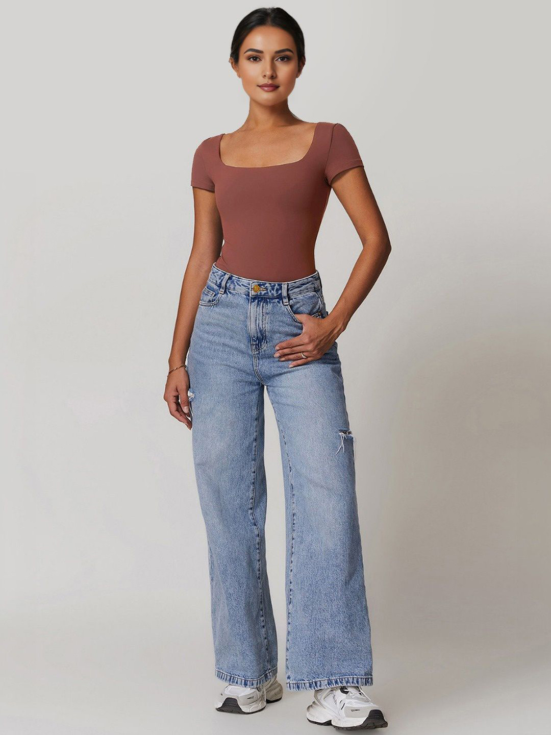 StyleCast Women Square Neck Short Sleeve Bodysuit