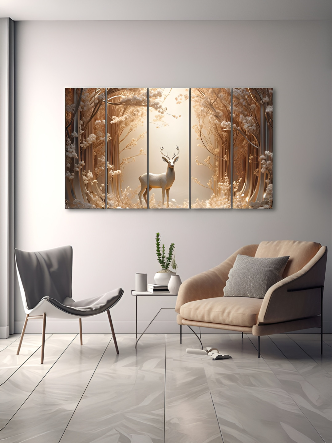 The Castle Decor Brown & Off White 5 Pieces Birds And Animals Wooden Wall Arts