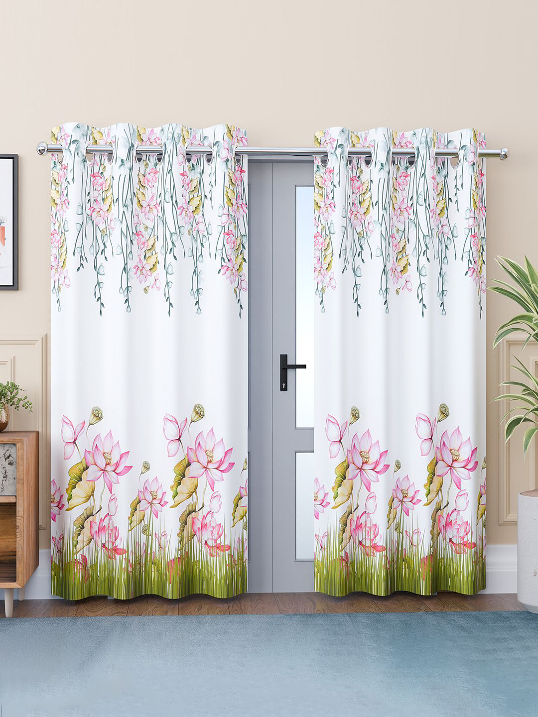 Kuber Industries White & Pink 2 Pieces Floral Printed Door Curtain 7 Feet with 8 Grommets