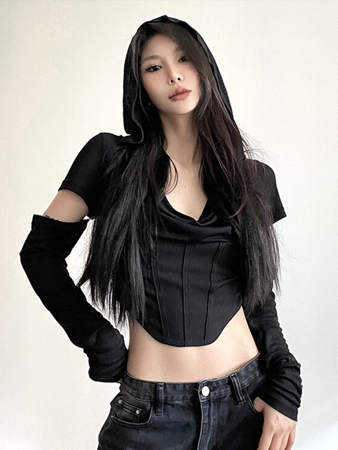 StyleCast Black Cut-Outs Georgette Crop Top