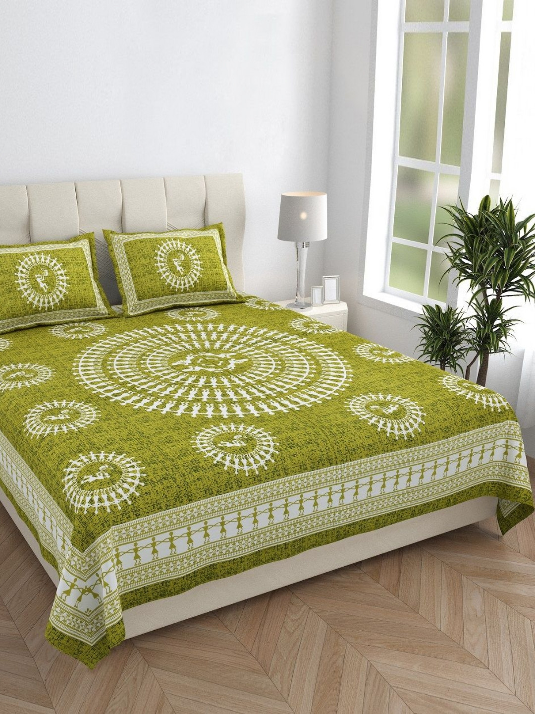 Monik Handicrafts Green Ethnic Motifs Cotton 144 TC King Bedsheet with 2 Pillow Covers-90 x 103 inches