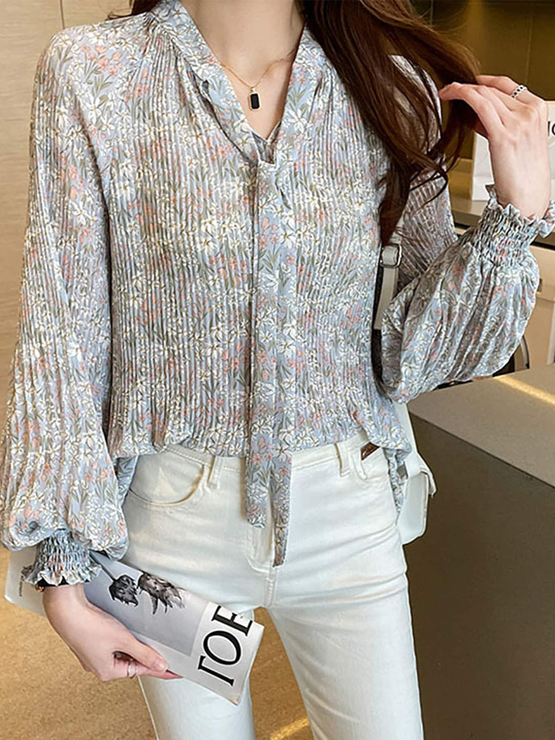 LULU & SKY Floral Print Tie-Up Neck Long Sleeves Tie-Ups Accordion Pleated Shirt Style Top
