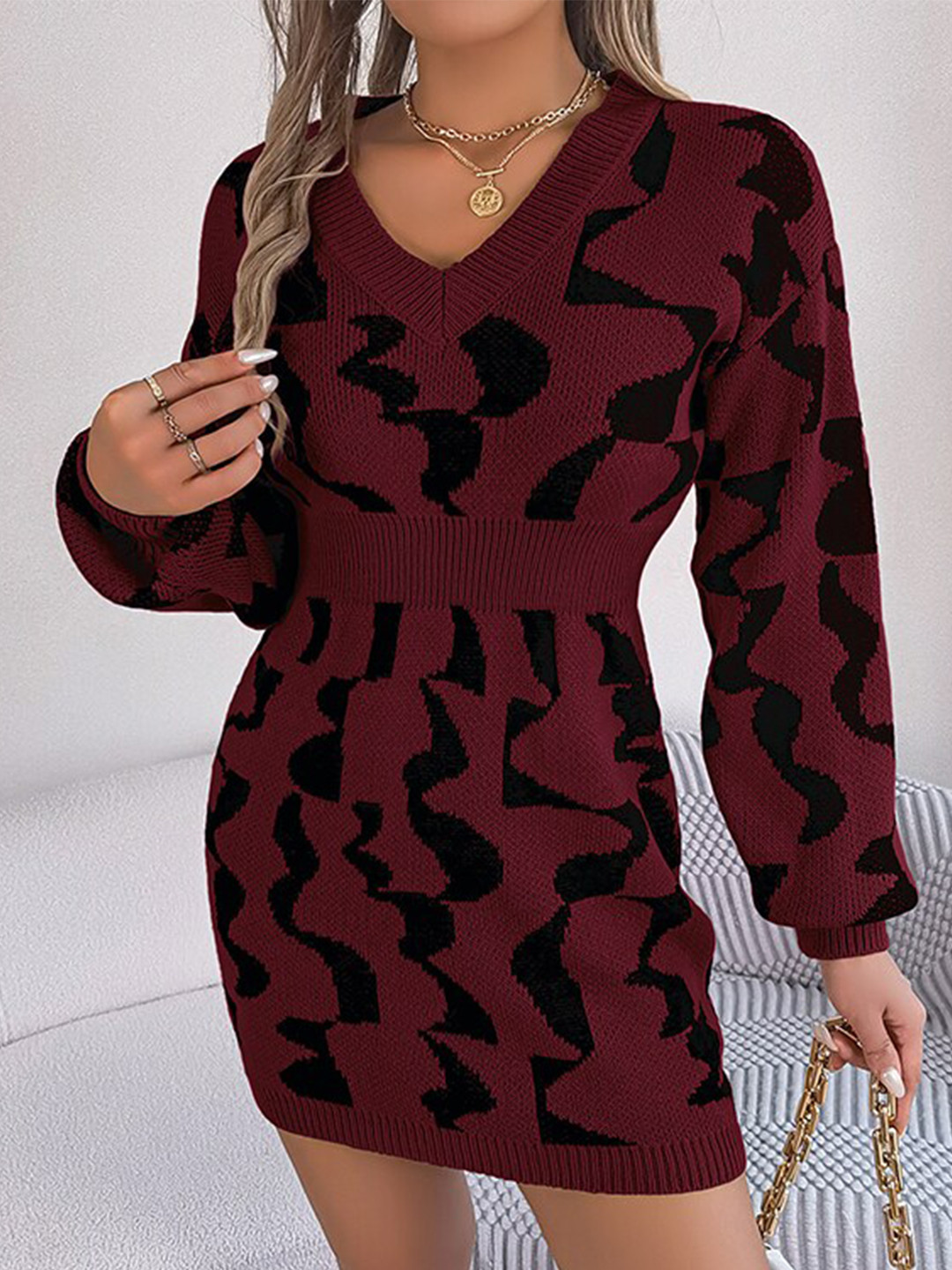 StyleCast Maroon Abstract Self Design V-Neck Acrylic Jumper Dress