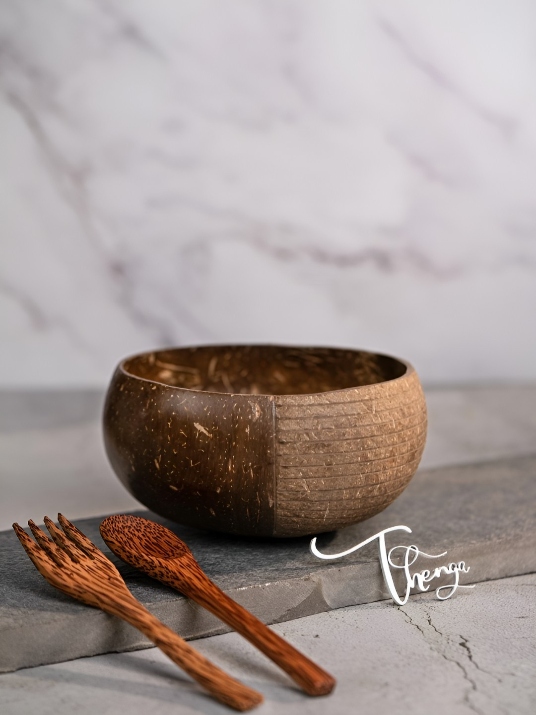 Thenga Brown 3 Pieces Serving Bowl With Spoon & Fork