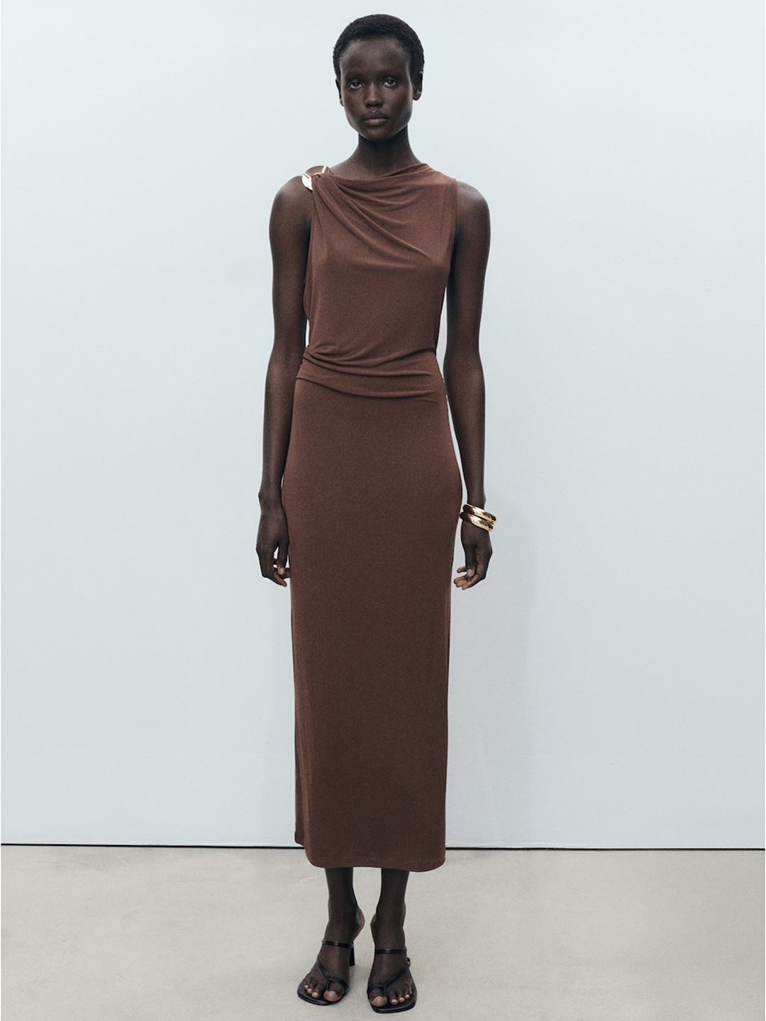 MANGO Draped Metallic Detail Sheath Midi Dress