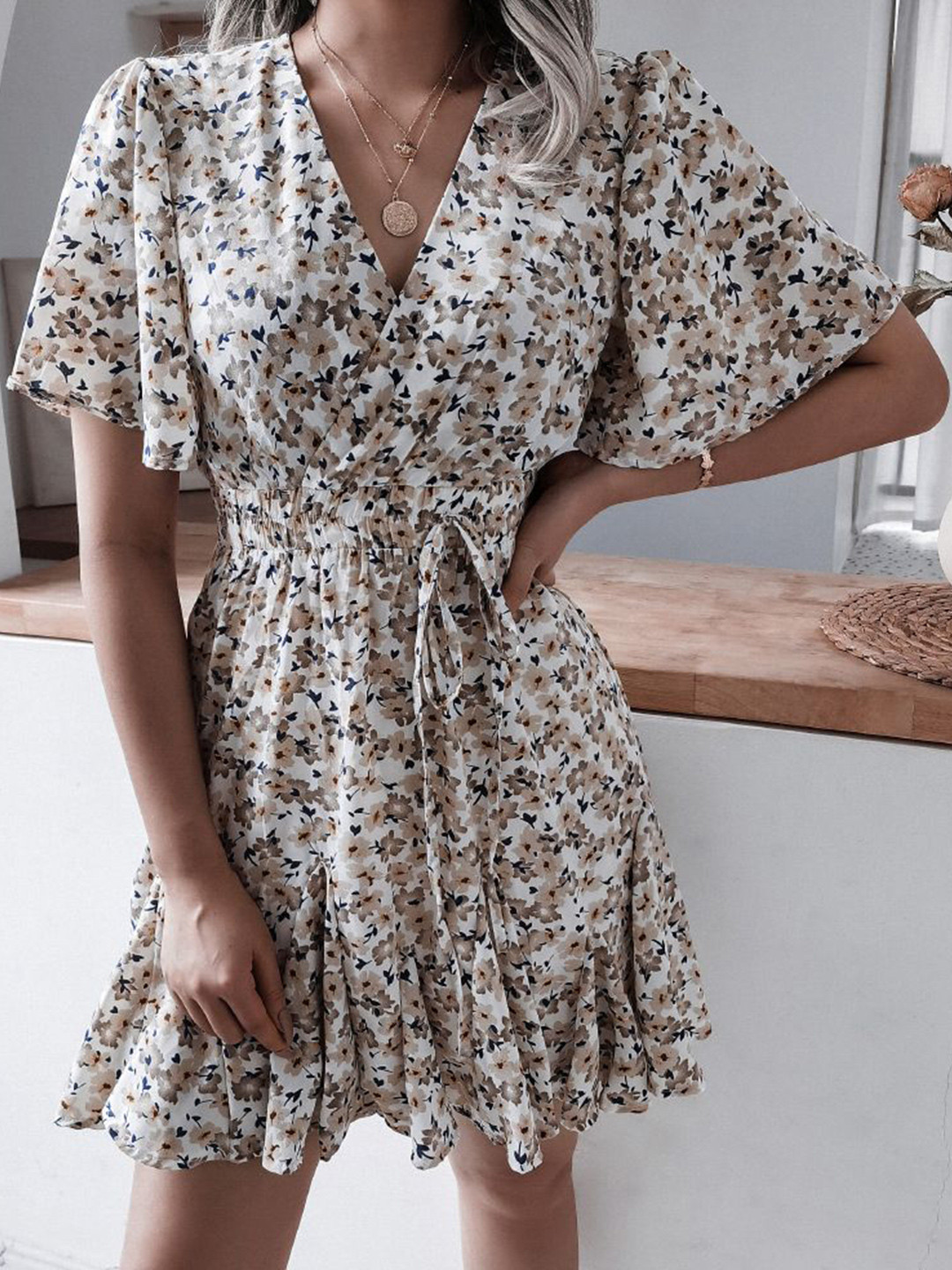 Mast & Harbour Women Flolar Print Flared Sleeve Wrap Dress