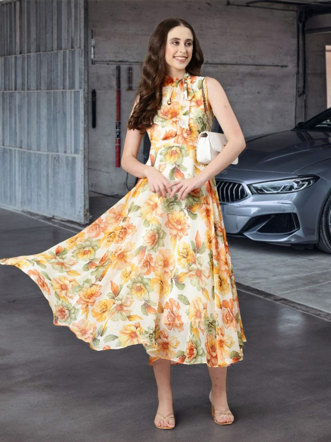 Souchii Women Floral Printed Scarf Neck  Fit & Flare Midi Dress