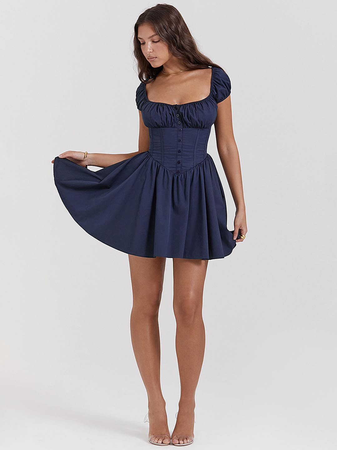 LULU & SKY Navy Blue Square Neck Fit & Flare Mini Dress