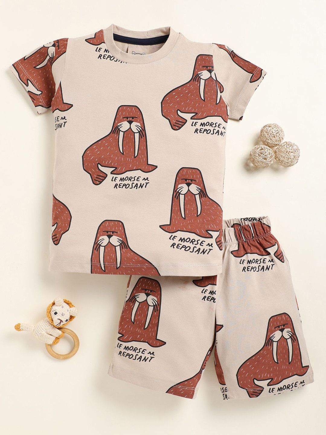 YK Boys Walrus Animal Printed Round Neck T-Shirt With Shorts