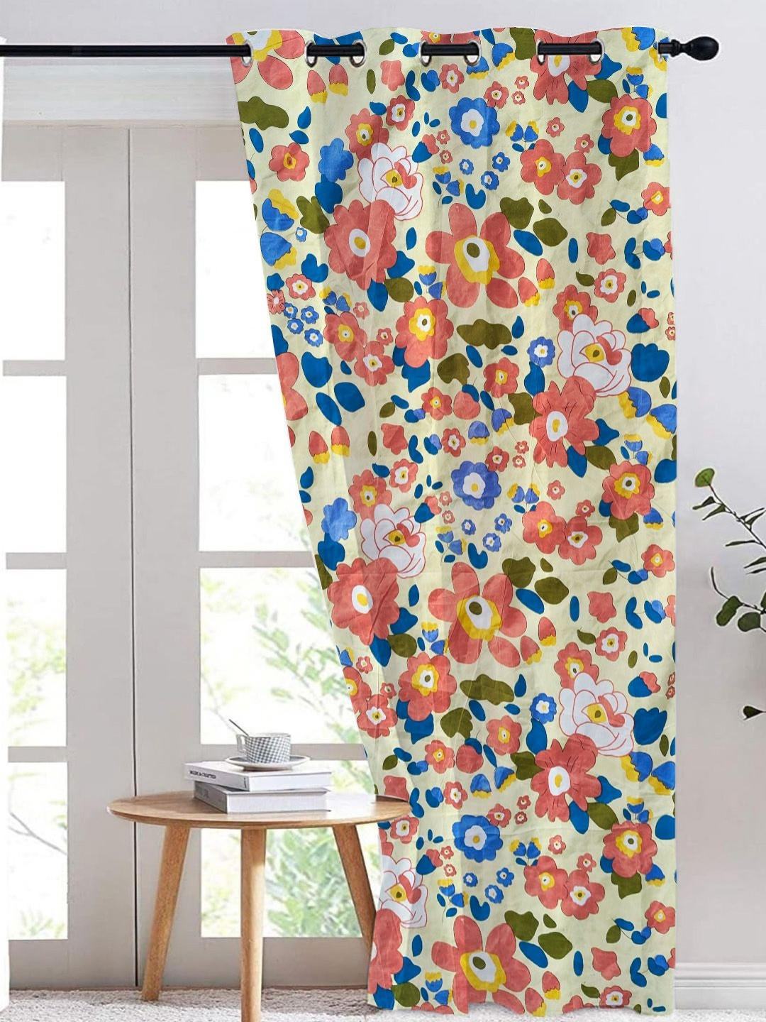 ANA Cream-Coloured & Blue Floral Room Darkening Long Door Curtain