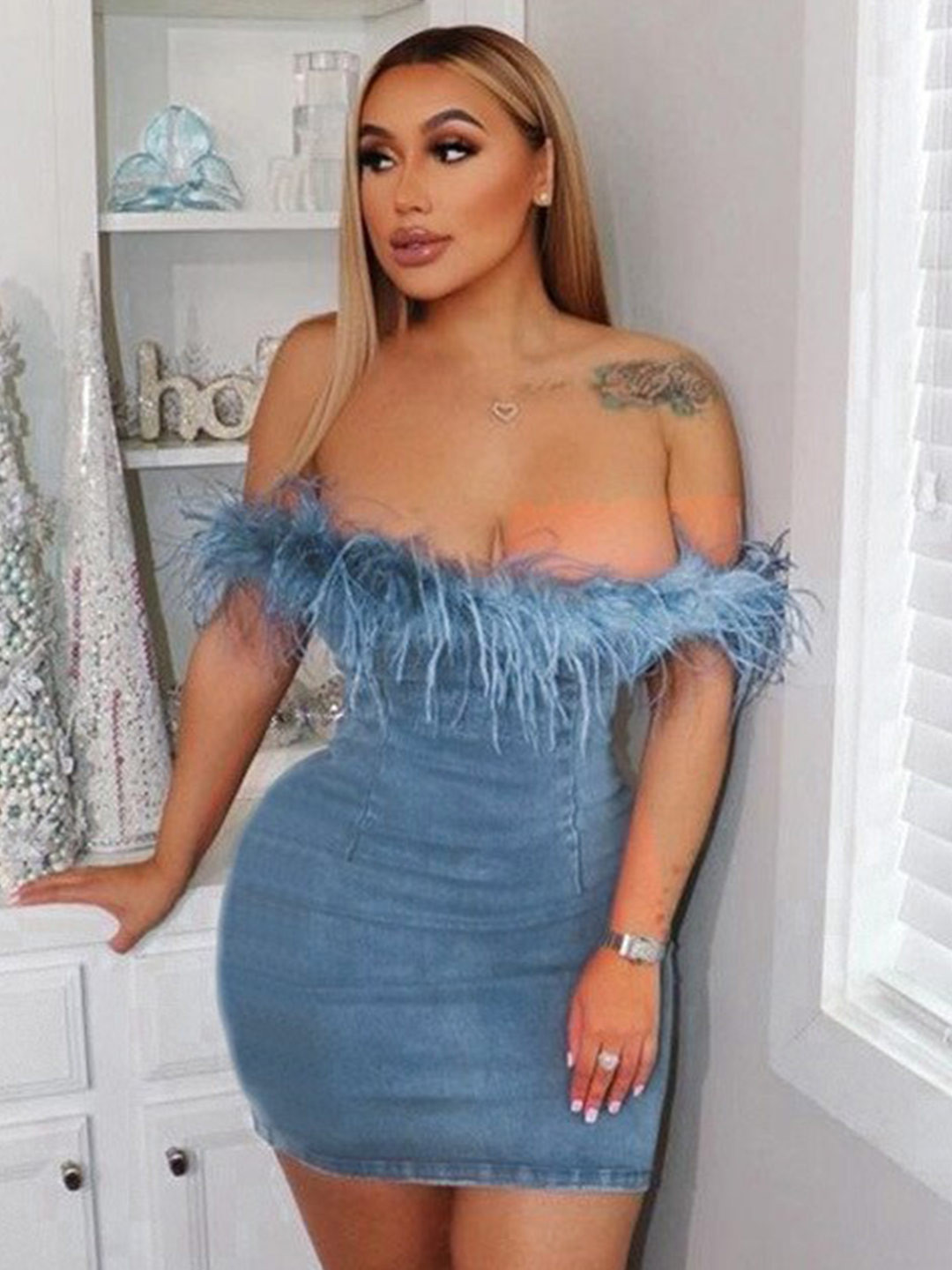 StyleCast Blue Off Shoulder Cotton Bodycon Mini Dress