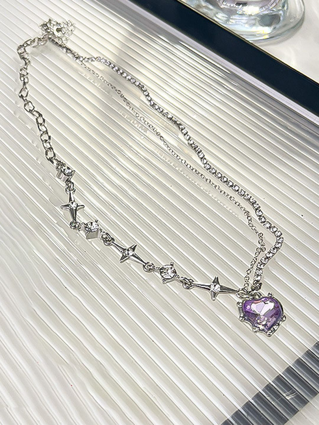 Krelin Stone Studded Heart & Star Charm Layered Necklace