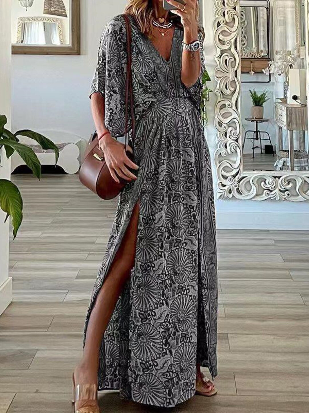 StyleCast Print Grey & White Abstract Printed V-Neck Flared Sleeves Maxi Dress