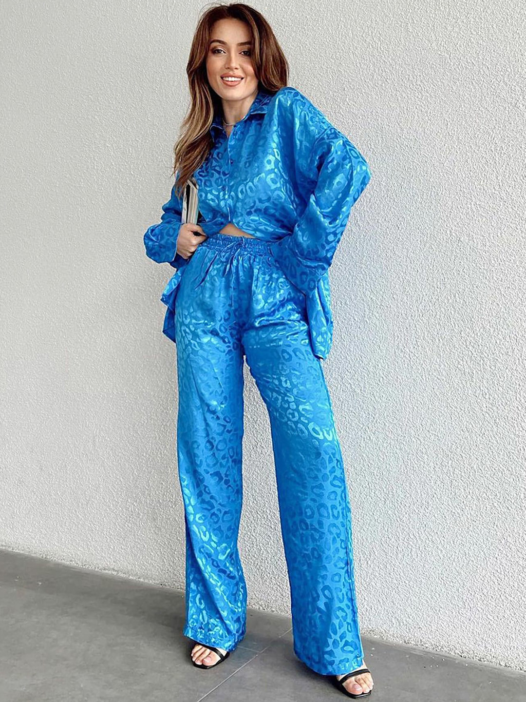 LULU & SKY Animal Printed Collar Neck Shirt With Flared Trousers