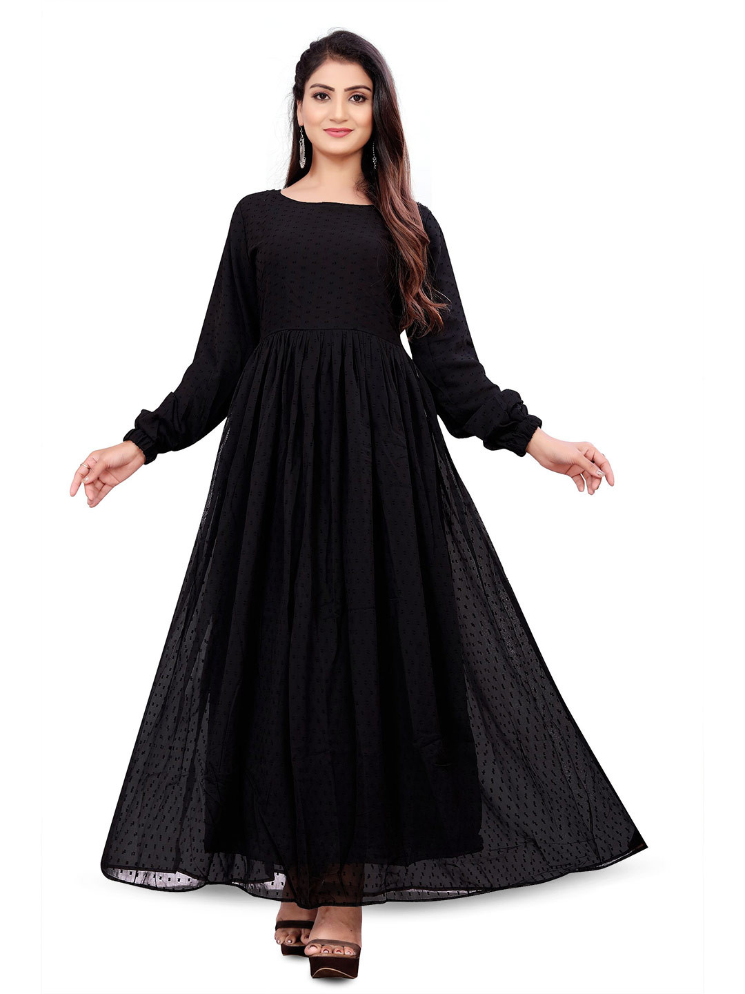 SARINKU Women Black Embroidered Boat Neck Georgette Maxi Dress
