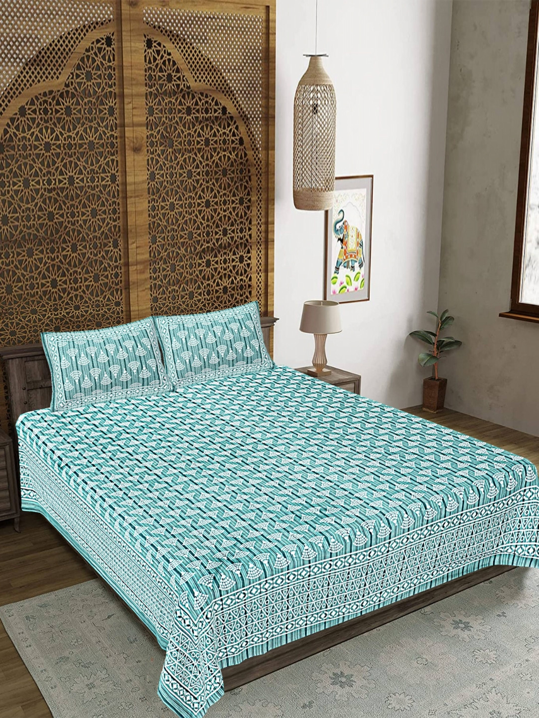 Rudra Bazaar Sea Green Ethnic Motifs Cotton 210 TC King Fine Bedsheet with 2 Pillow Covers-108 x 91 inches