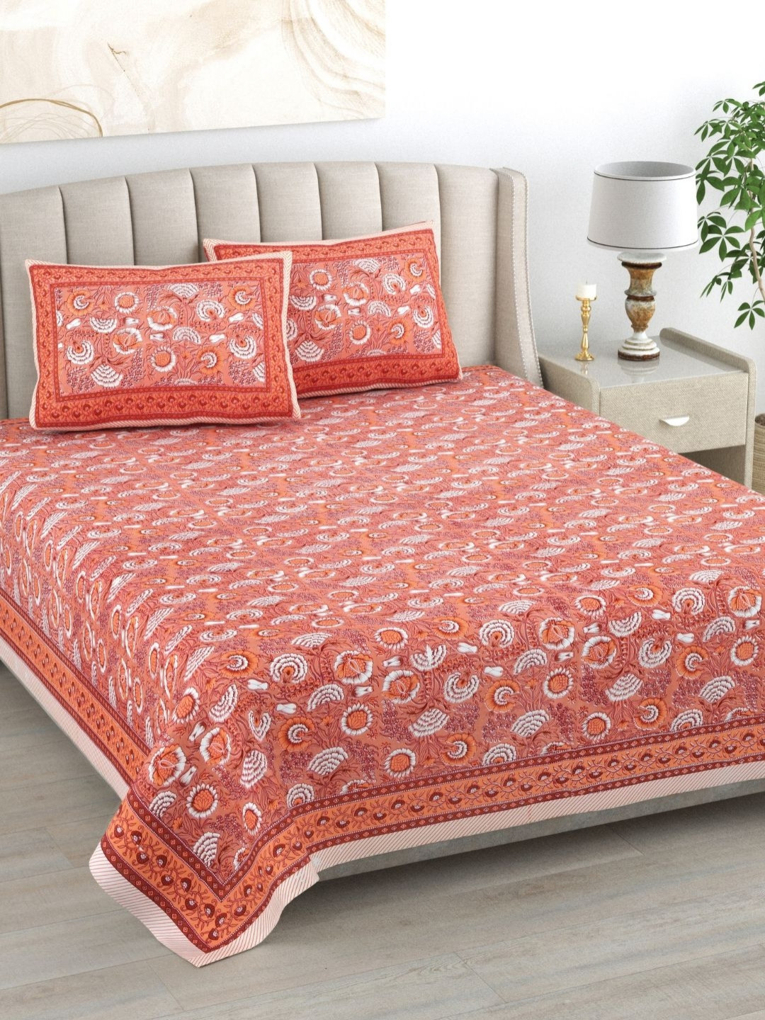 The Craft Monk Brown Floral Pure Cotton Skin-Friendly 240 TC King Bedsheet with 2 Pillow Covers-274 x 228 cm