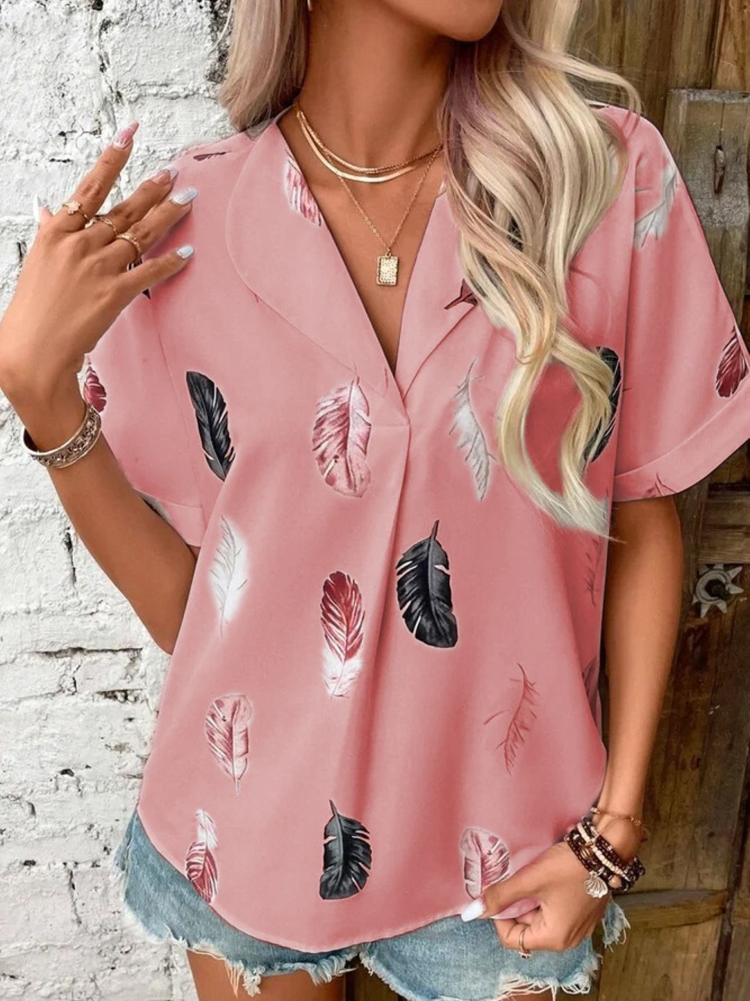 Pink Tropical Printed Shirt Collar Longline Top