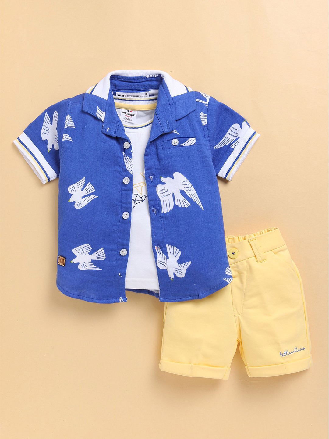 LITTLE COLLARS Boys Embroidered Organic Muslin Cotton T-Shirt With Shirt & Shorts