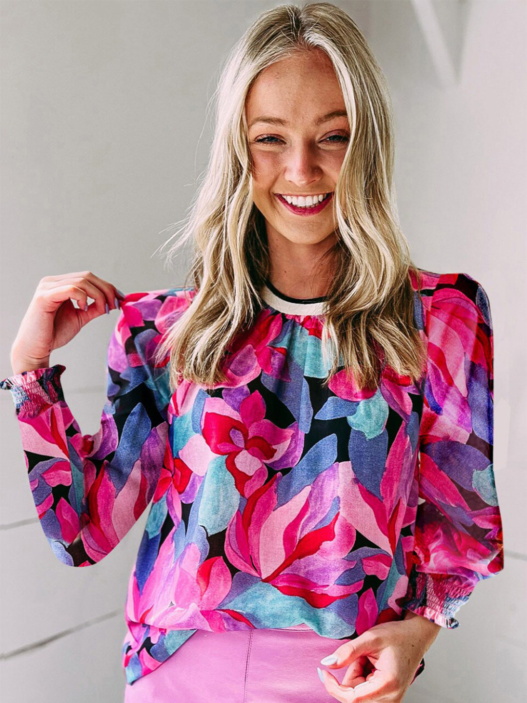 StyleCast Pink & Blue Floral Printed High Neck Puffed Sleeves Top