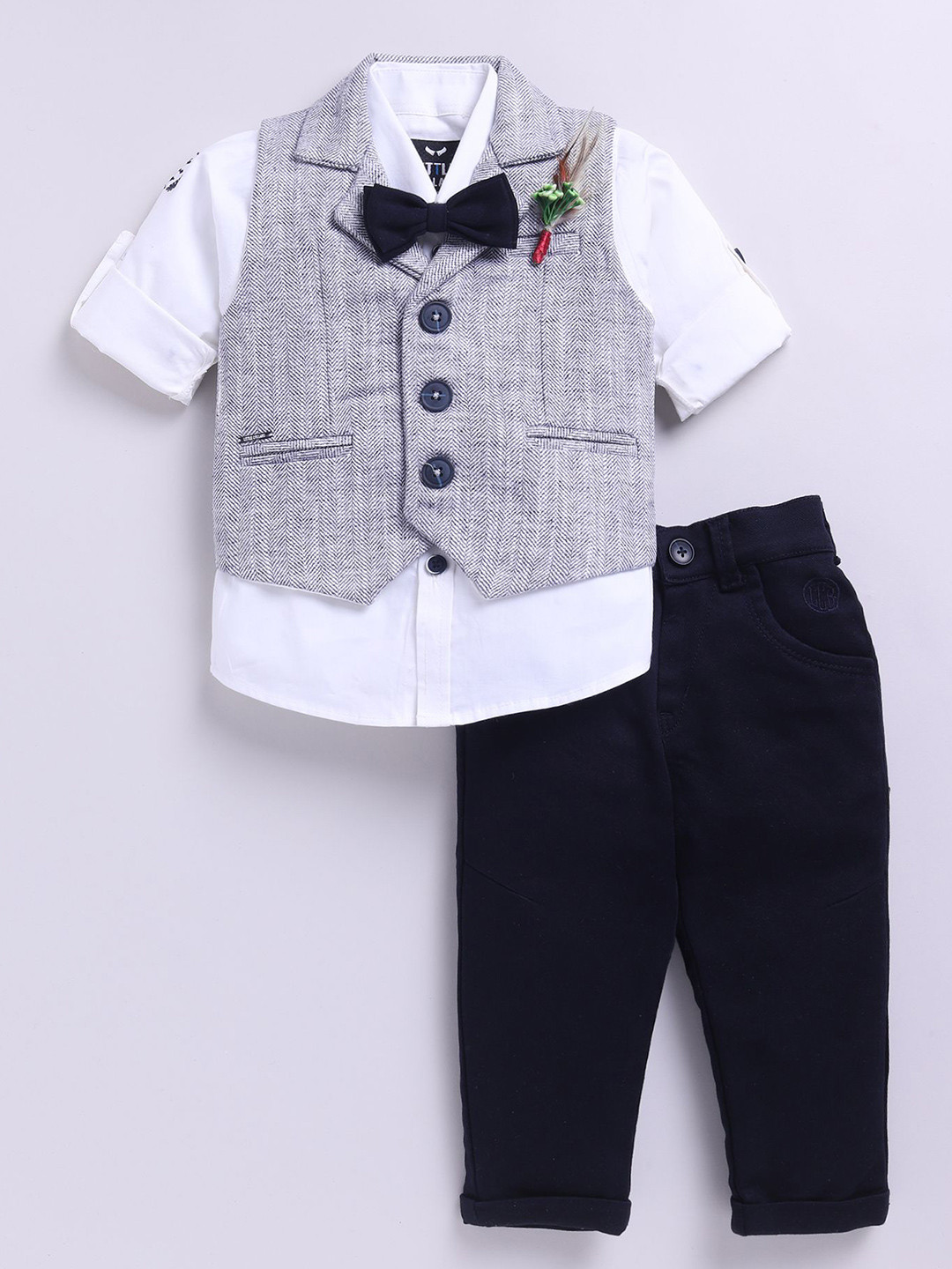 LITTLE COLLARS Boys Self Design Notched Lapel Collar 3-Piece Suit
