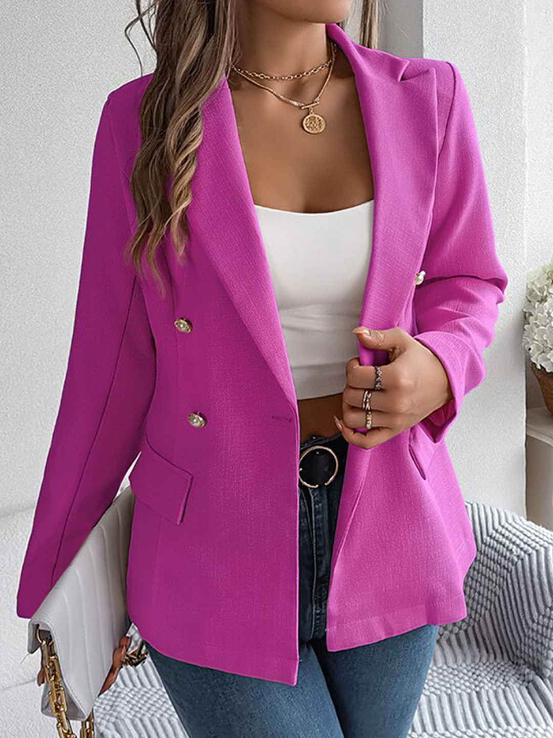 StyleCast Fuchsia Notched Lapel Double Breasted Blazers