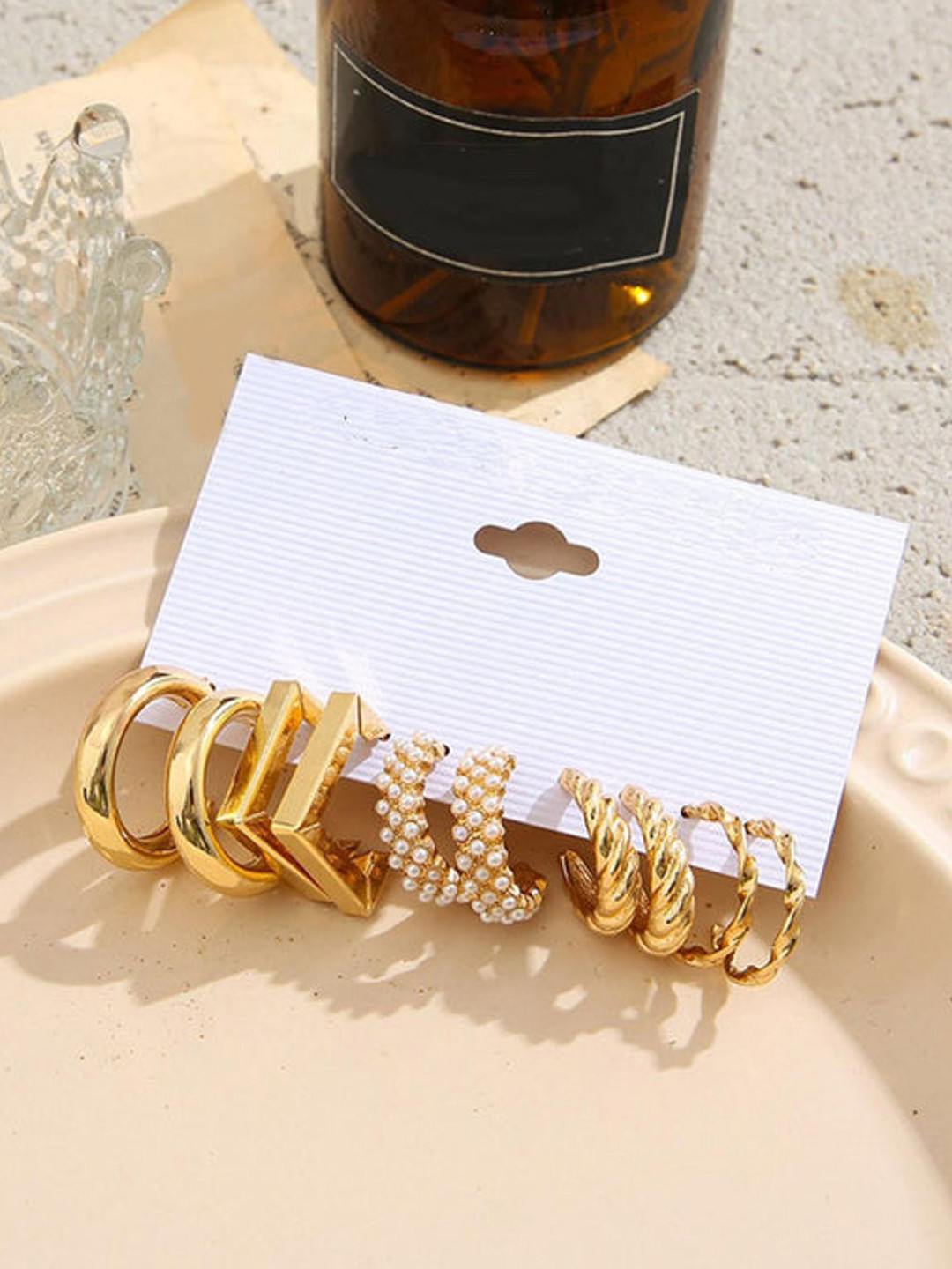 PolluxCraft Set Of 5 Gold Plated Pearls Beaded Contemporart Half hoop Earrings