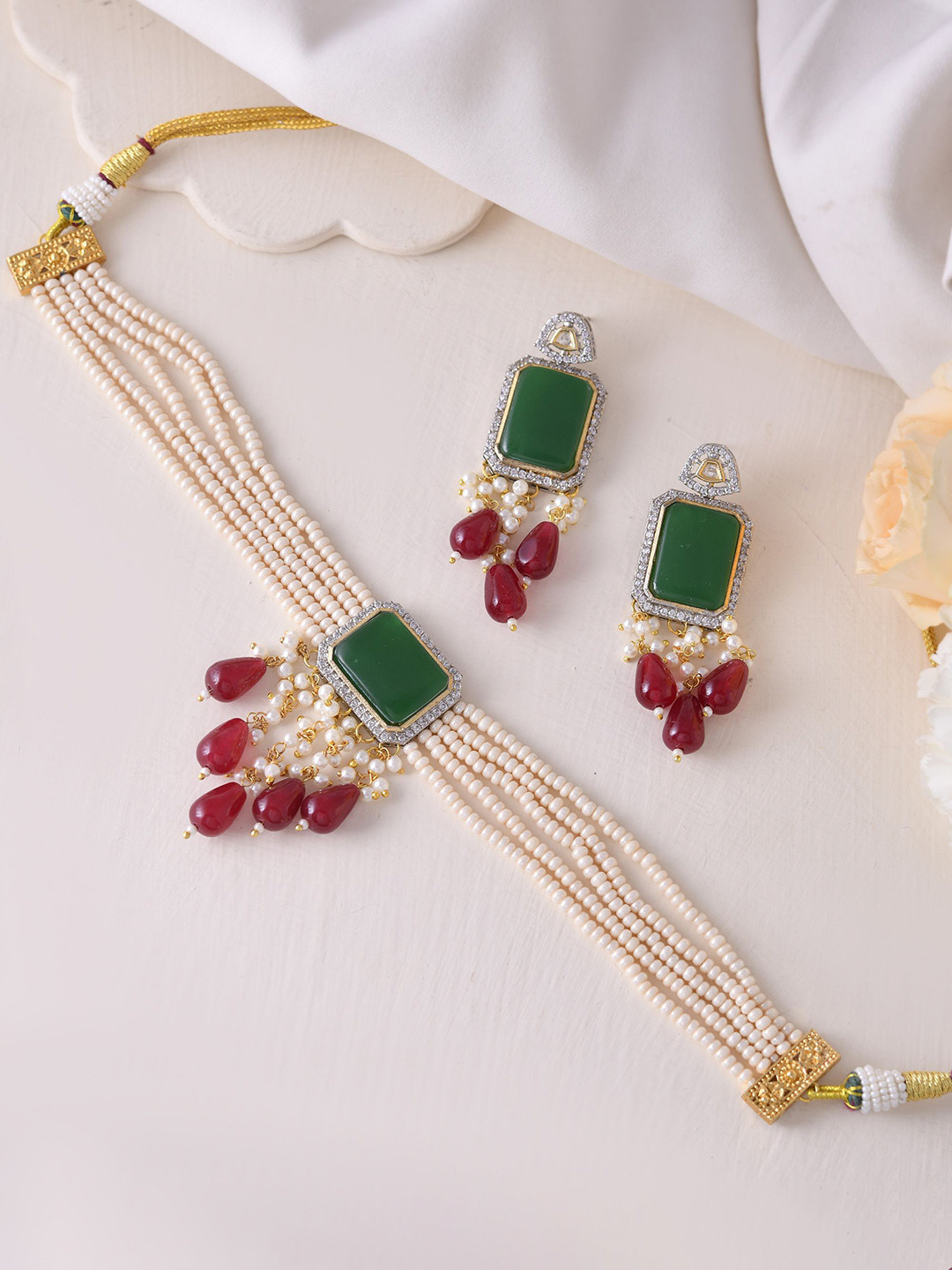 STYYO Gold-Plated Stones Studded & Beaded Jewellery Set