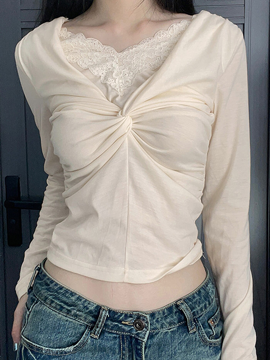 LULU & SKY Lace Trim V-Neck Slim Twisted Detail Top