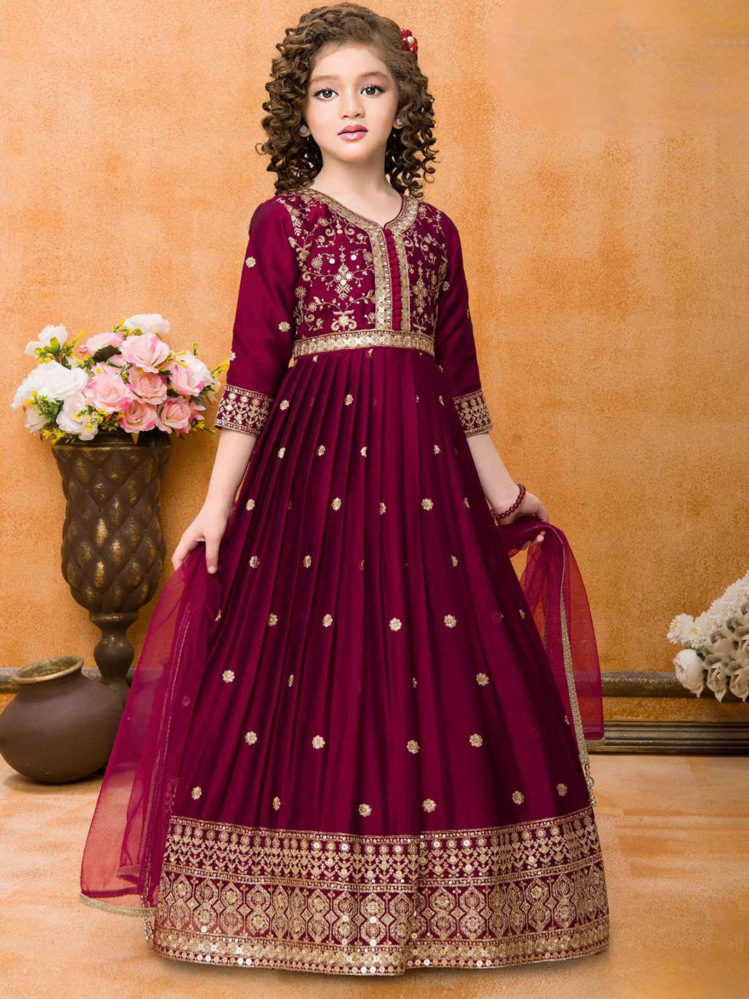 Lagorii Girls Embroidered V-Neck Sequined Detail Maxi Dress With Dupatta