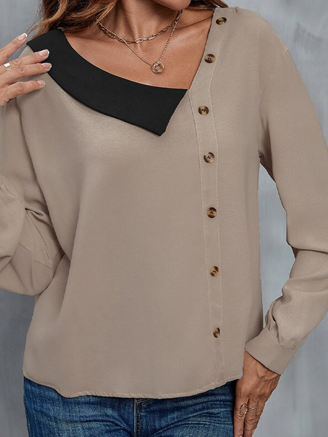 StyleCast Brown V-Neck Cuff Sleeves Linen Shirt Style Top