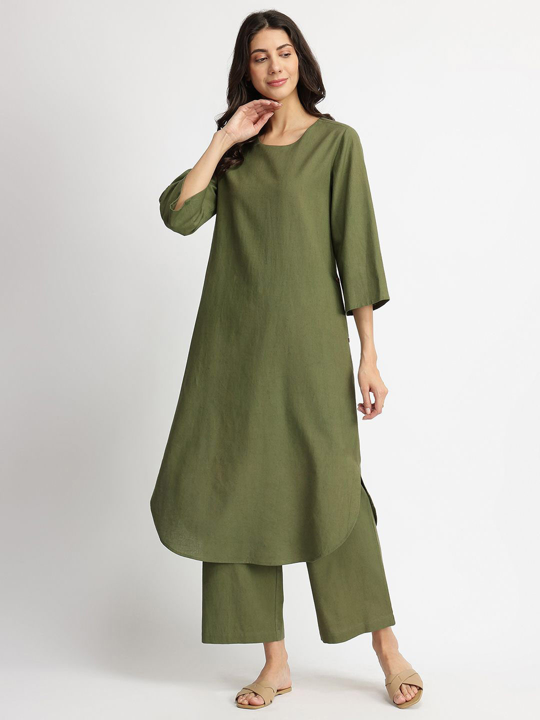 Pink Fort Women Linen Blend Solid Kurta Set