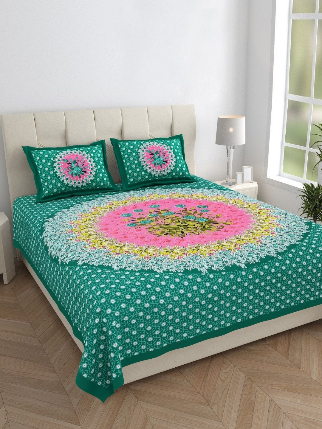 Monik Handicrafts Green Ethnic Motifs Cotton 144 TC King Bedsheet with 2 Pillow Covers-90 x 103 inches