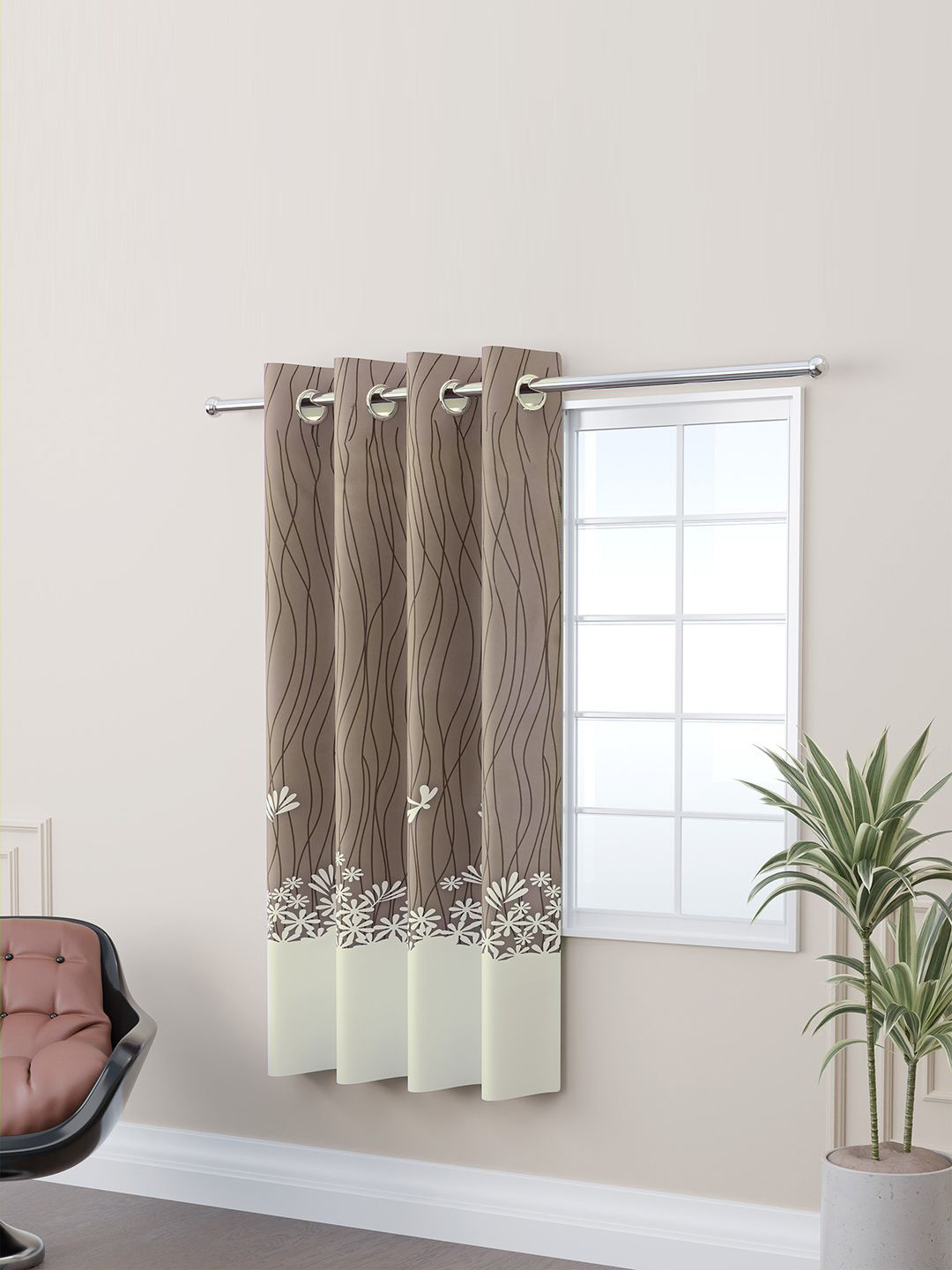 Kuber Industries Cream-Coloured & Brown Polyester Floral Printed 5 Feet Window Curtain