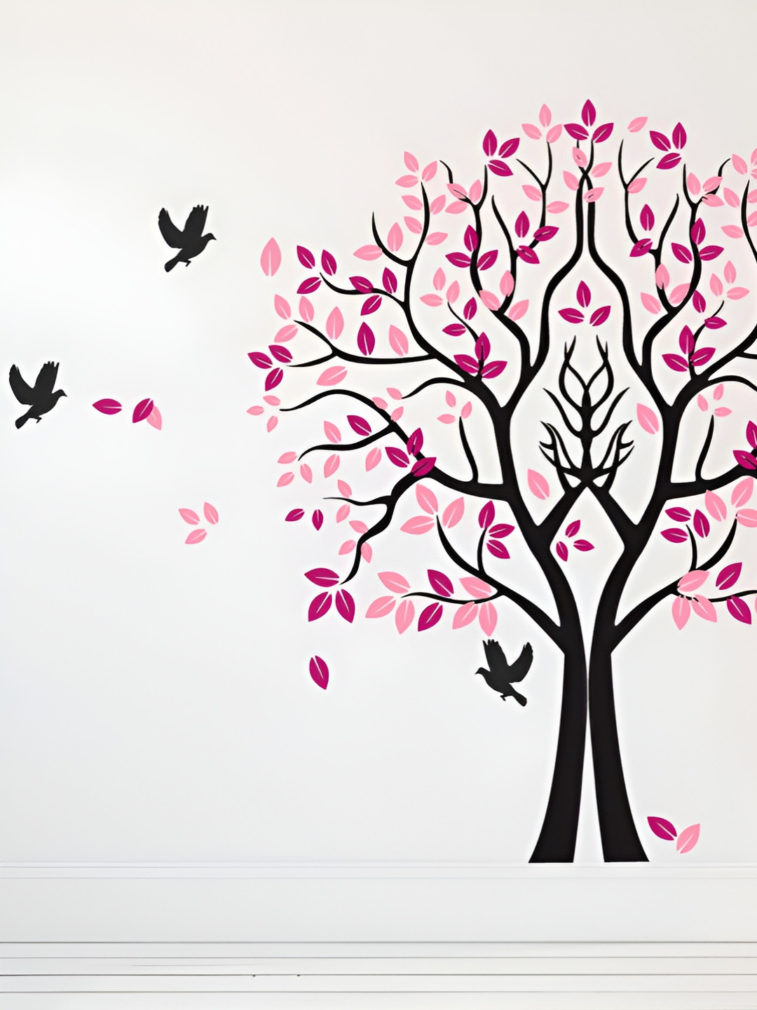 LANSTICK Pink & Black Tree With Birds Printed Self-Adhesive WallStickers