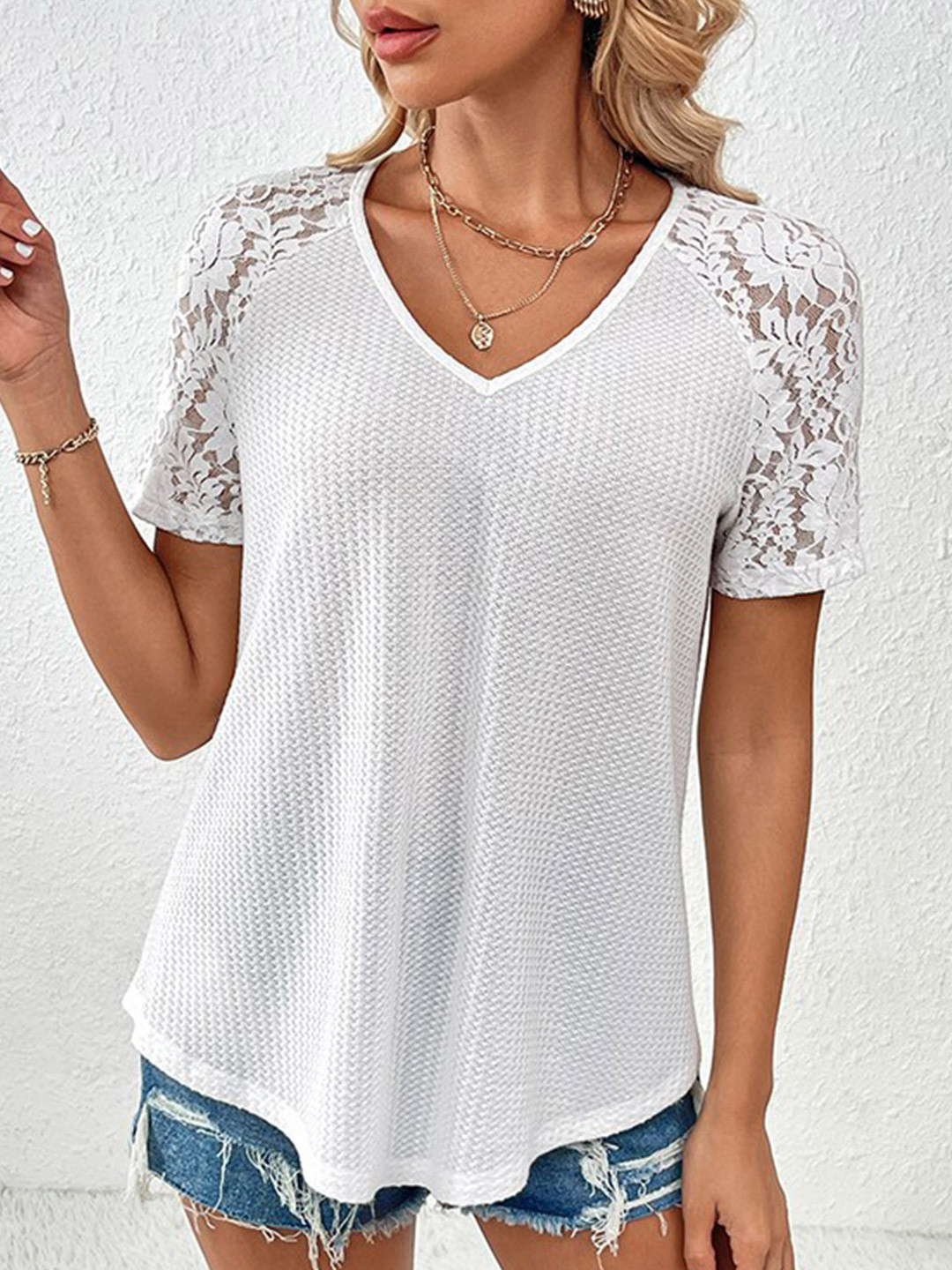 StyleCast White V-Neck Textured Regular T-shirt