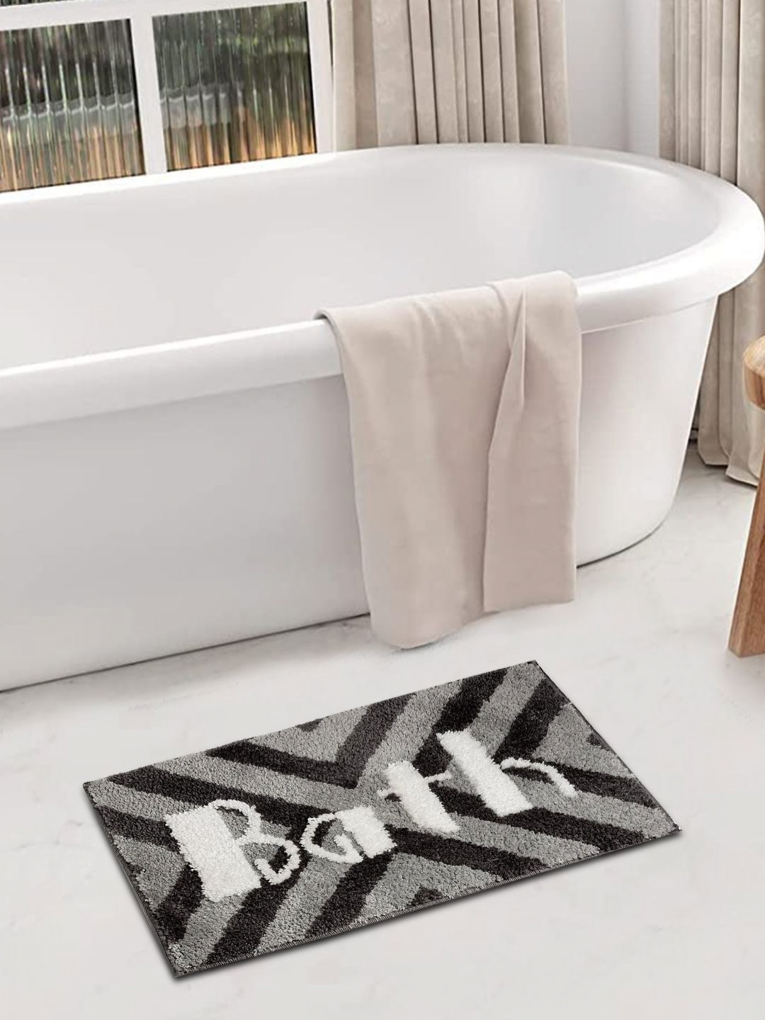 Myntra Elegant Homes Grey & Black Geometric 1600GSM Anti-Skid Bath Rug