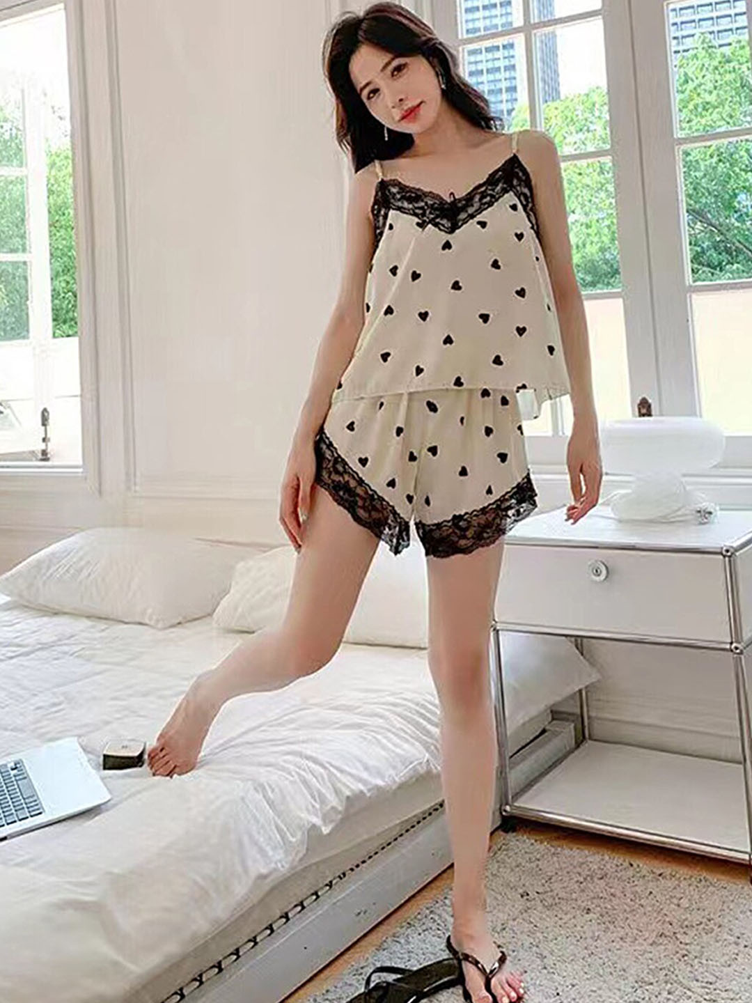 LULU & SKY Conversational Printed Lace Detailed Shoulder Strapped Night suit